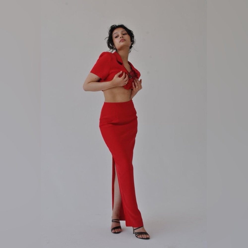 Mirror Palais Red Cropped Maxi Skirt Set